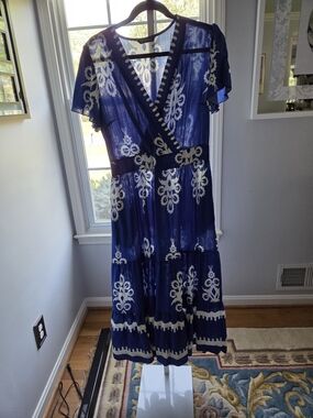 Royal Blue and White Floral Wrap Style Midi Dress